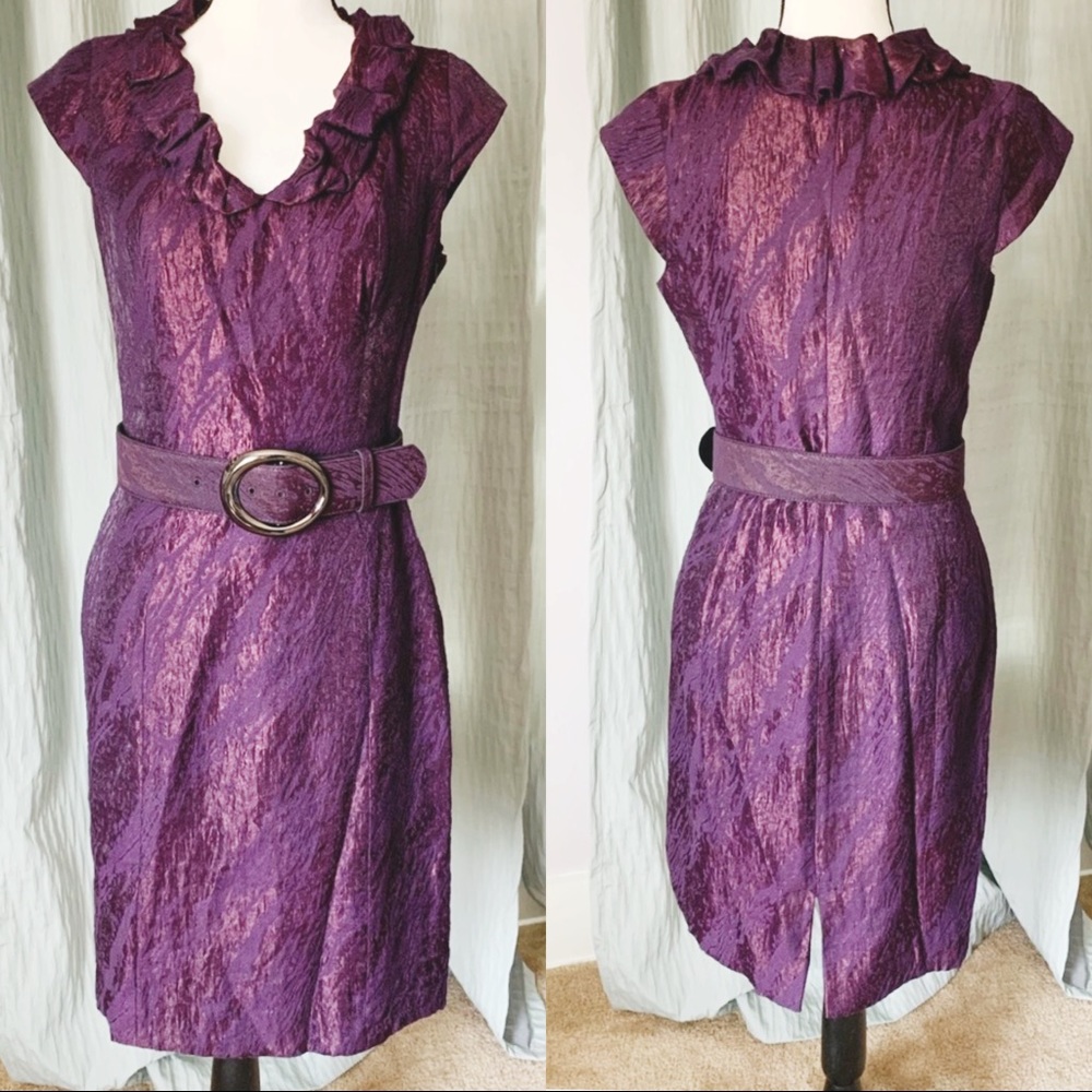 ANTONIO MELANI Purple Ruffled Neck Belted Sheath Dress